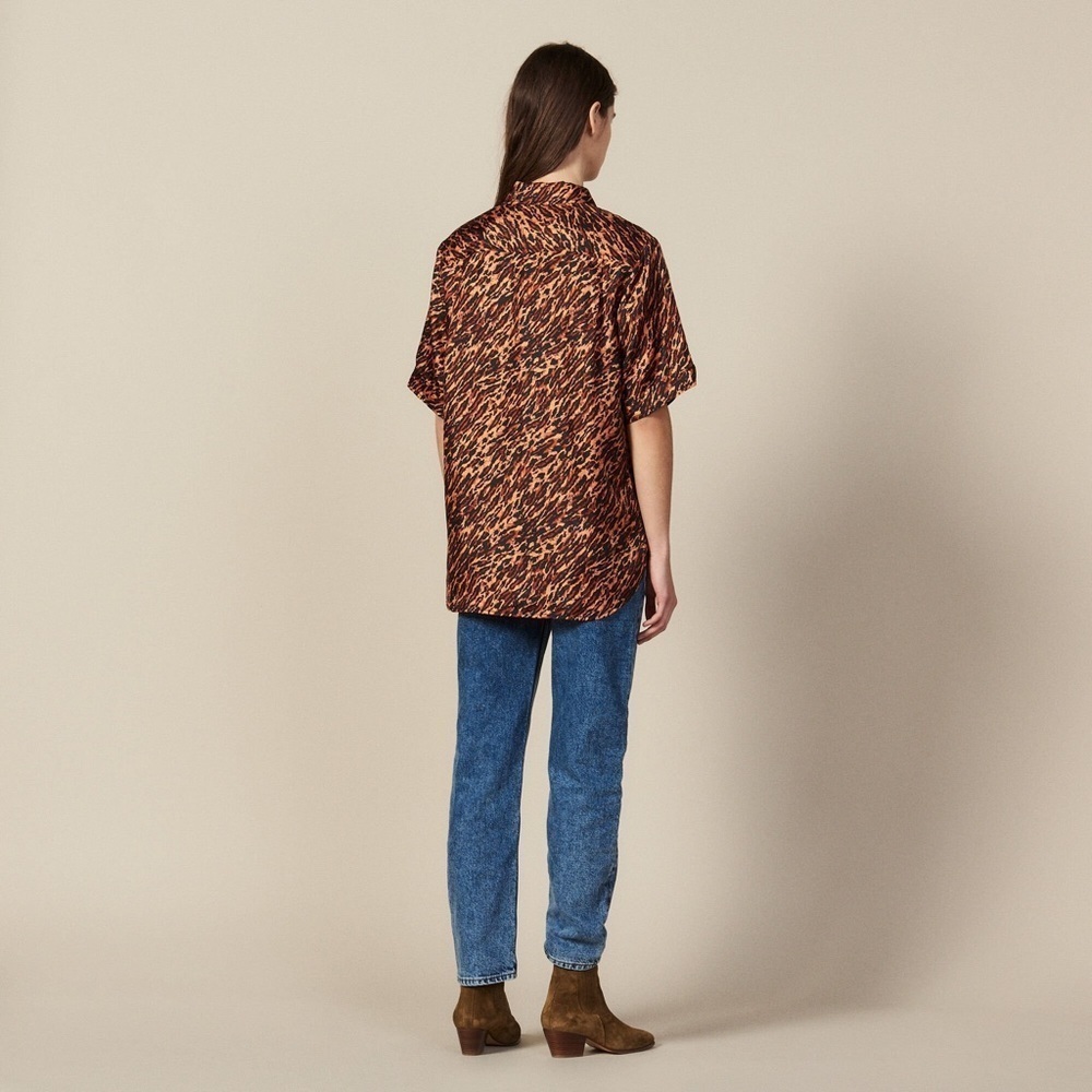 Sandro Paris | Evie Leopard Print Silk Short Sleeve Shirt | 2 (Medium) - Picture 3 of 12